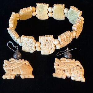 Vintage Hand-Carved Dragon Bracelet and Earrings